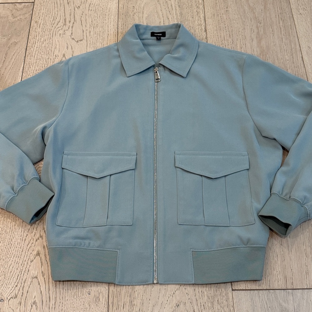 Express Oversized Utility Bomber Jacket in Silver Blue Size XS